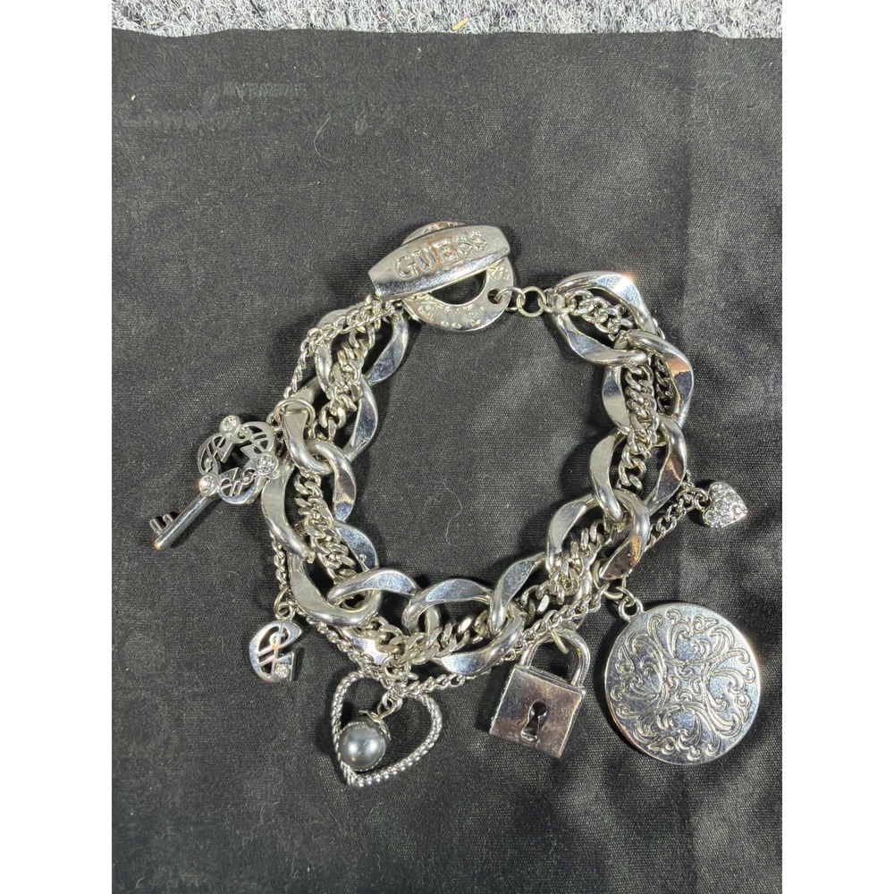 Guess York Silver Tone Multi Strand Charm Bracelet Heart Lock Key Toggle Clasp